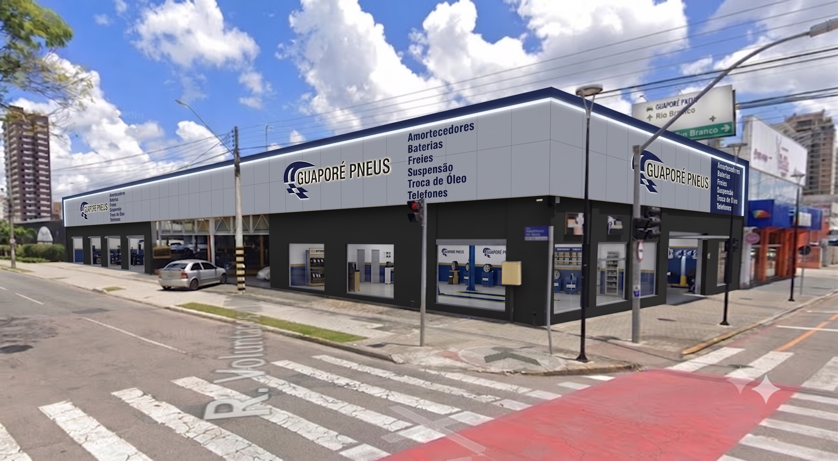 Fachada da loja em São José dos Pinhais — simulação com identidade Guaporé Pneus